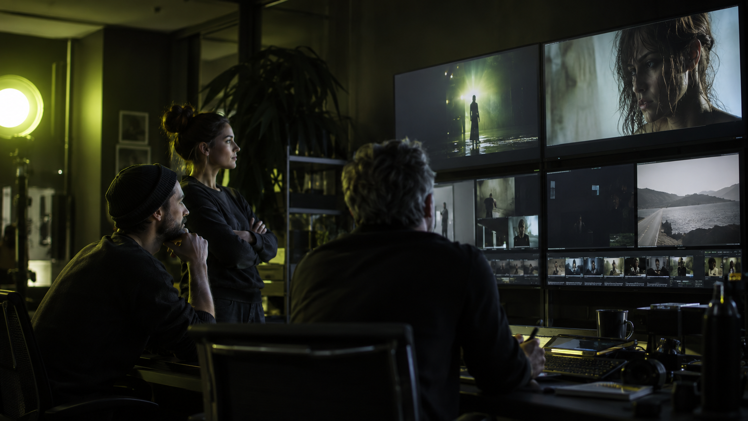 The Nox Agency studio reviewing social campaign cuts at night